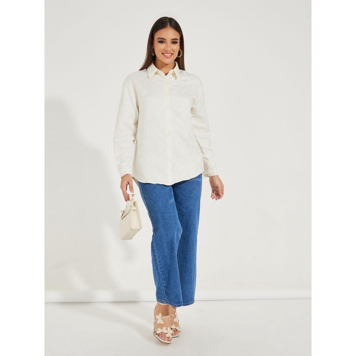 بلوزة بنسيج جاكار وأزرار مع أكمام فلوت-women-clothing-shirtsandblouses-shirts-image-2