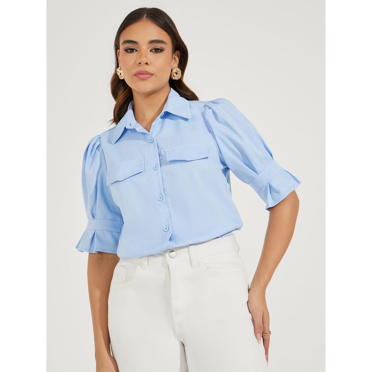 بلوزة سادة بازرار غلق مع اكمام منفوخة-women-clothing-shirtsandblouses-shirts-image-1