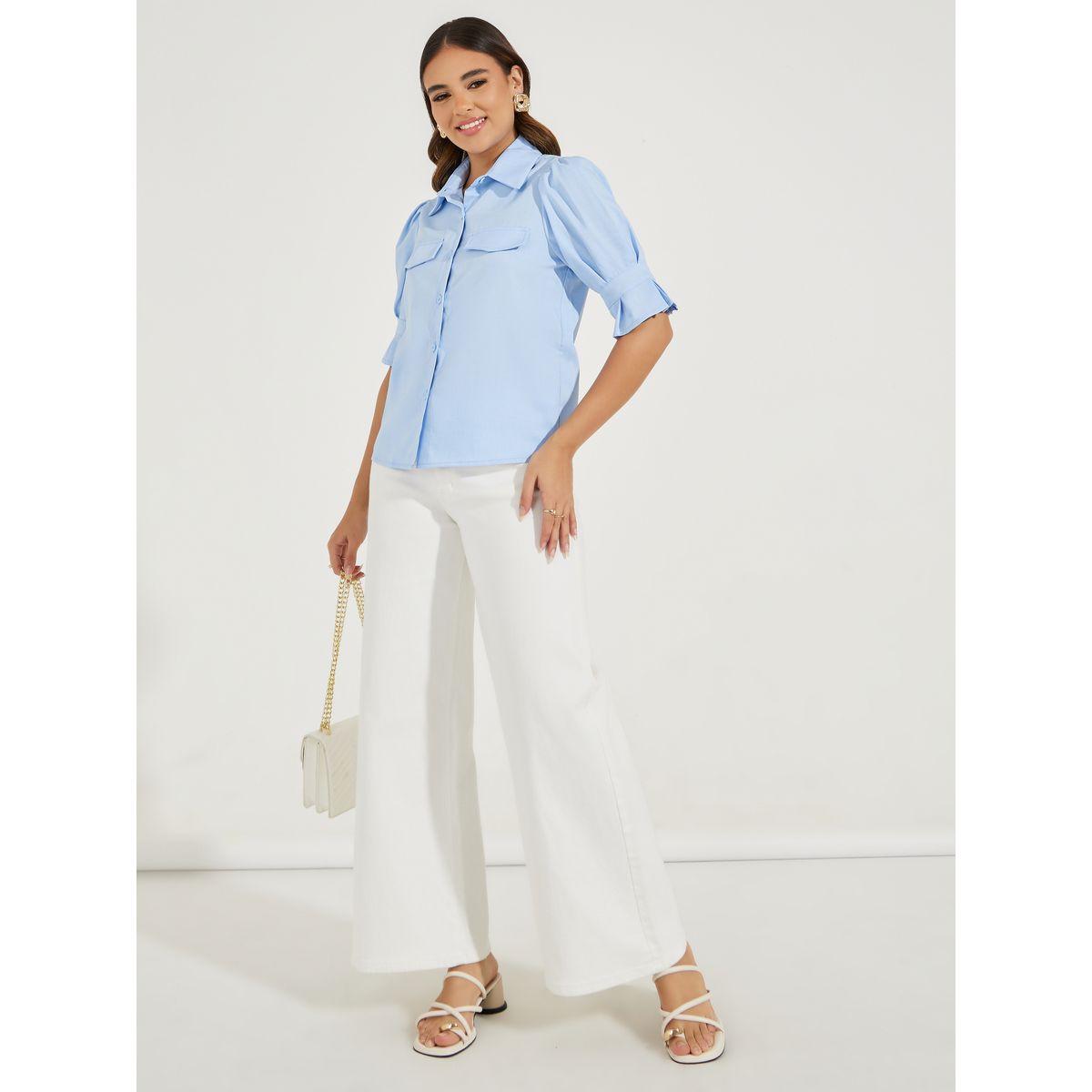 Styli Solid Button Down Shirt with Puff Sleeve & Band Detail-women-clothing-shirtsandblouses-shirts-image-2