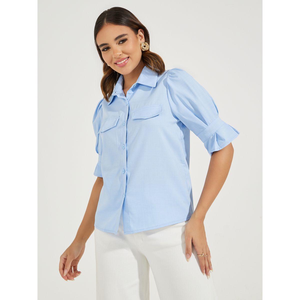بلوزة سادة بازرار غلق مع اكمام منفوخة-women-clothing-shirtsandblouses-shirts-image-3