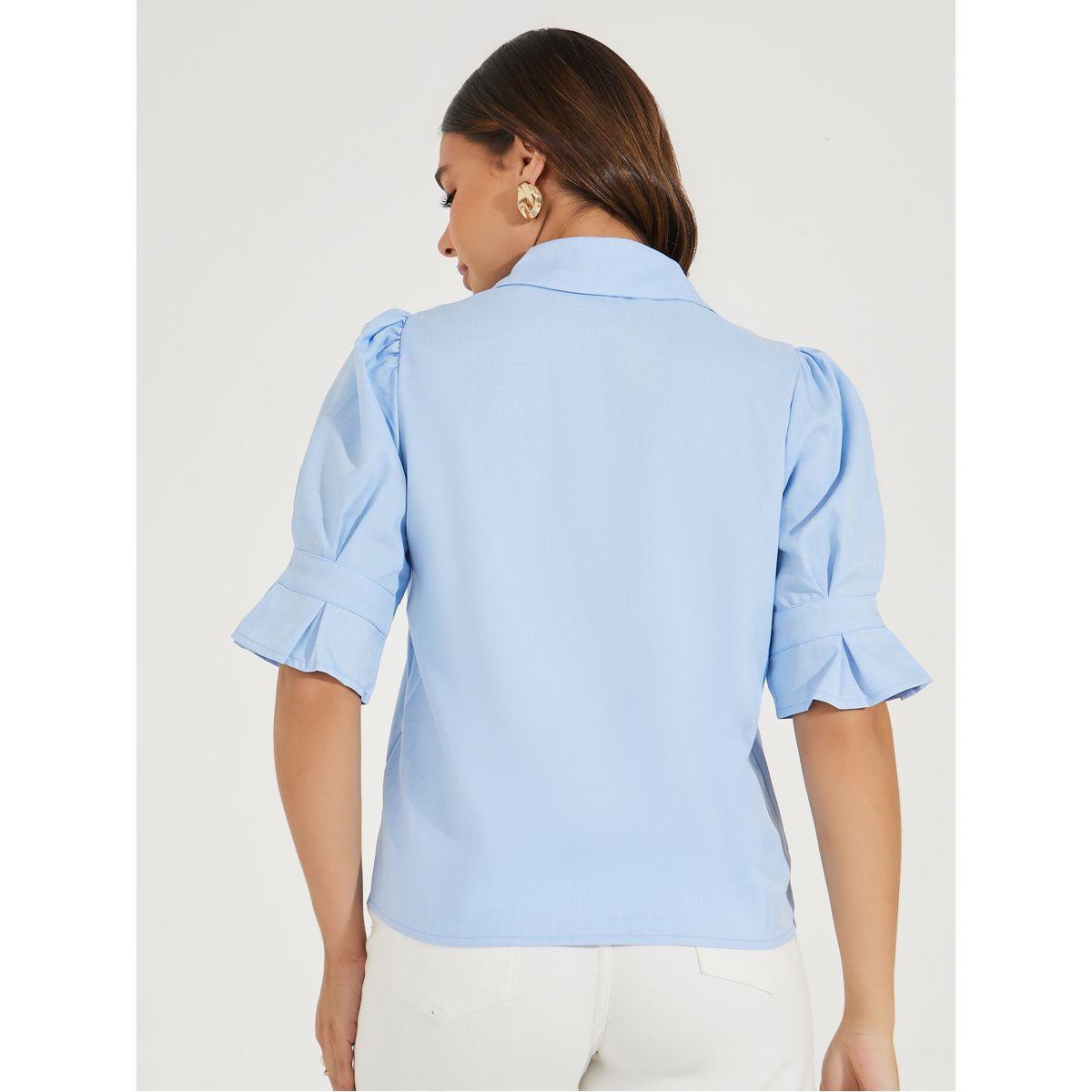 Styli Solid Button Down Shirt with Puff Sleeve & Band Detail-women-clothing-shirtsandblouses-shirts-image-5