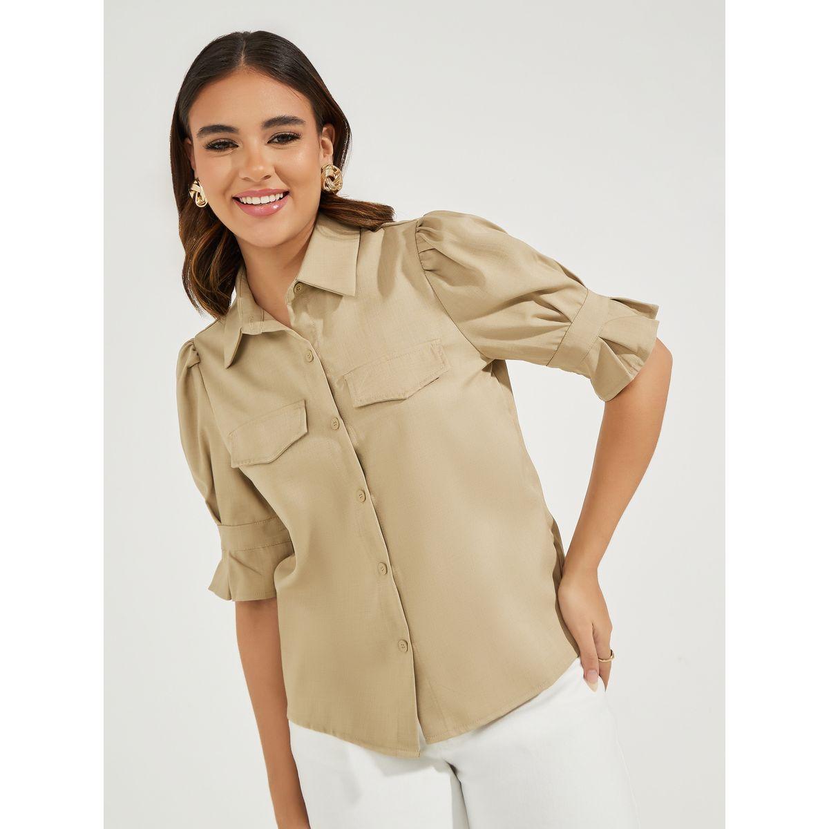 بلوزة سادة بازرار غلق مع اكمام منفوخة-women-clothing-shirtsandblouses-shirts-image-4