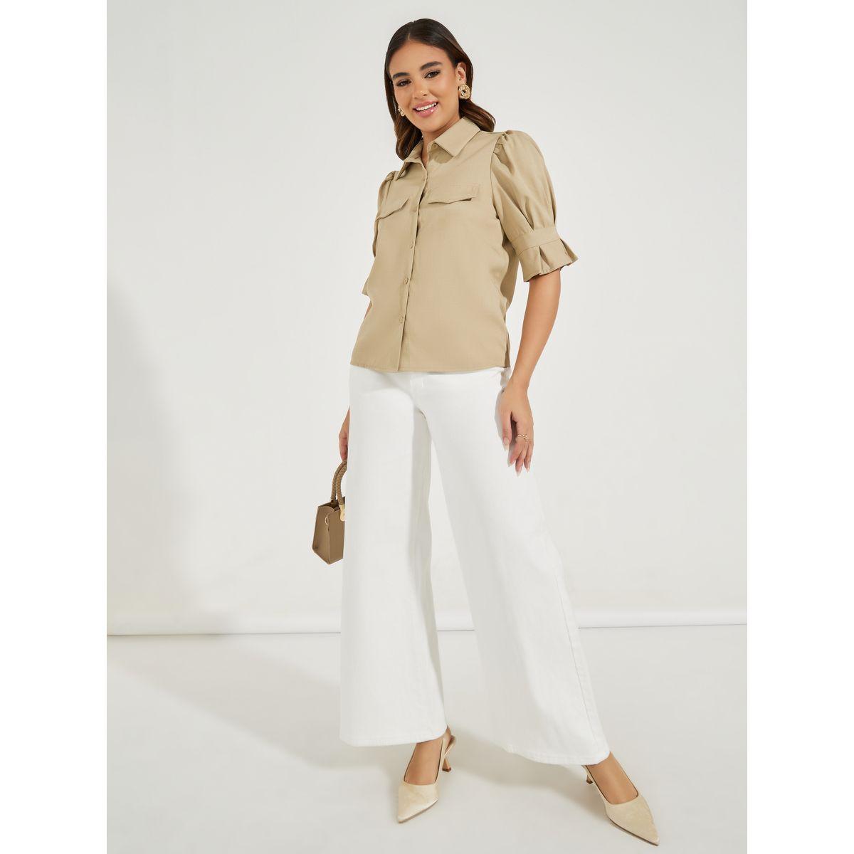 بلوزة سادة بازرار غلق مع اكمام منفوخة-women-clothing-shirtsandblouses-shirts-image-3