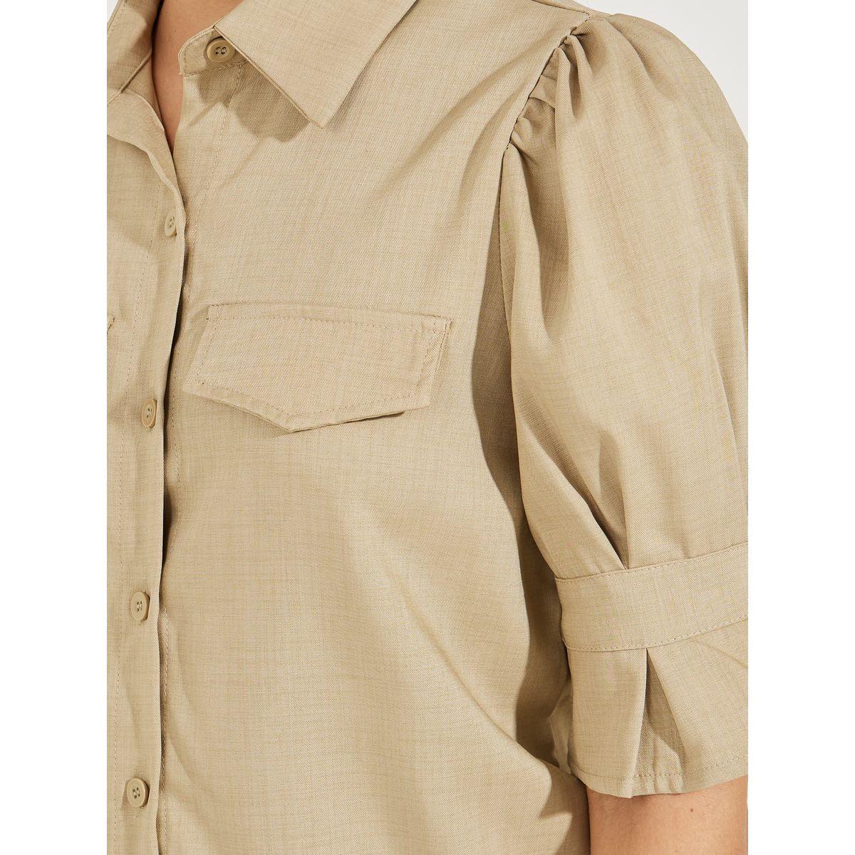 Styli Solid Button Down Shirt with Puff Sleeve & Band Detail-women-clothing-shirtsandblouses-shirts-image-3