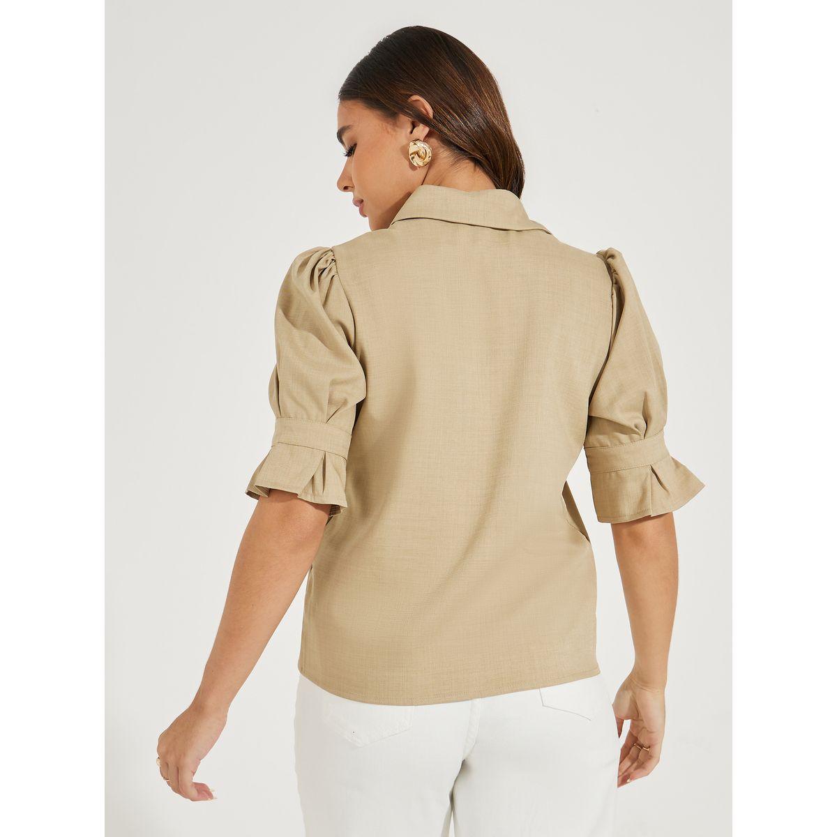 Styli Solid Button Down Shirt with Puff Sleeve & Band Detail-women-clothing-shirtsandblouses-shirts-image-4