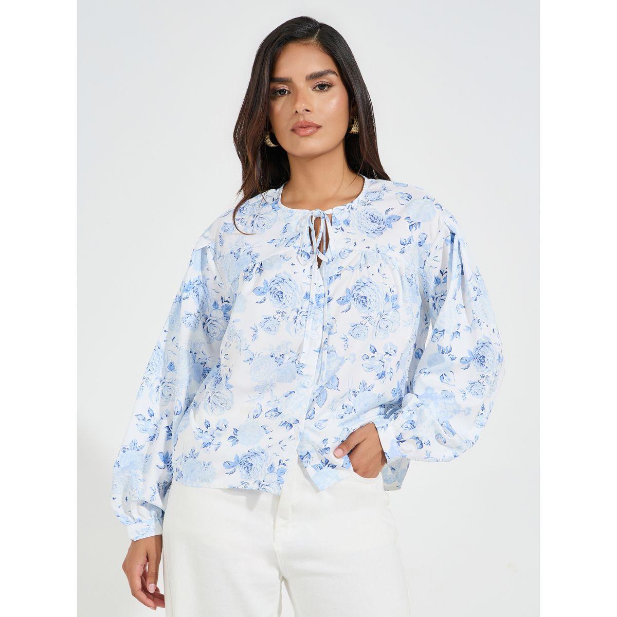 Styli Tie-Up Neck Floral Print Blouse-women-clothing-shirtsandblouses-blouses-image-1