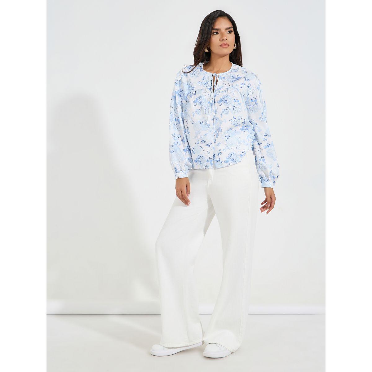 بلوزة بطبعة زهور مع ياقة بأربطة-women-clothing-shirtsandblouses-blouses-image-2
