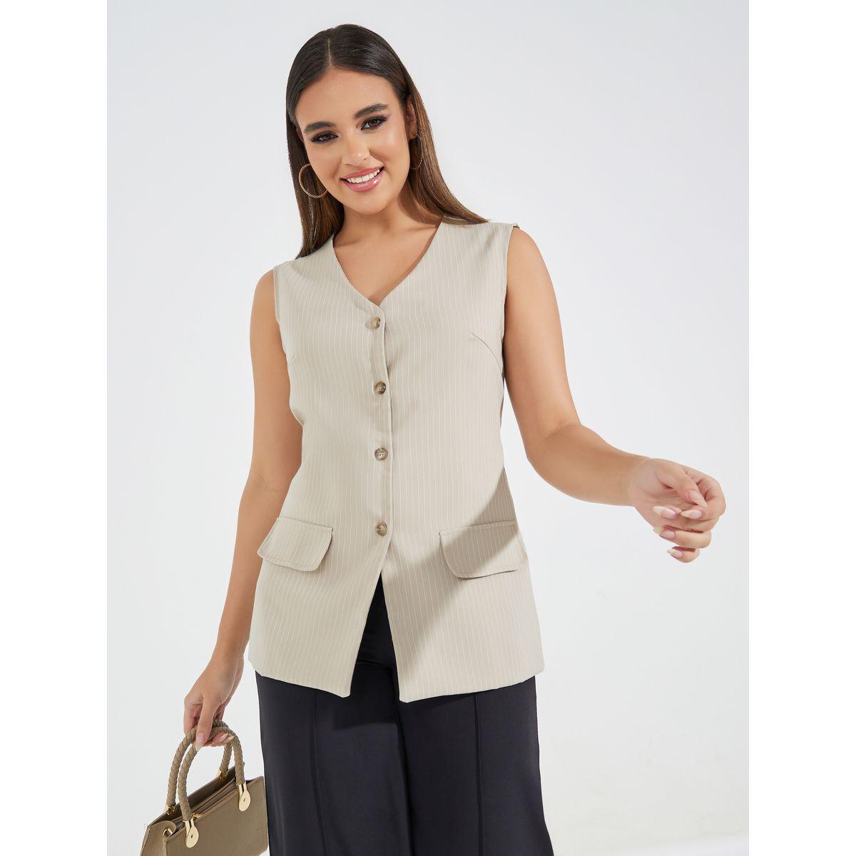 Styli Pinstriped Longline Waistcoat with Mock Pocket-women-clothing-shirtsandblouses-blouses-image-1