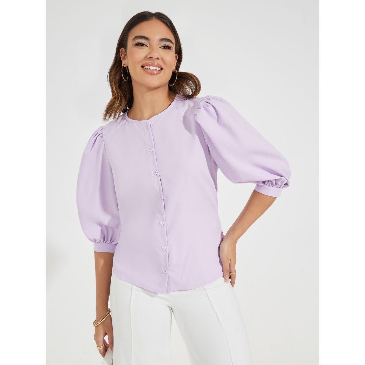 Styli Solid Button Down Blouse with Balloon Sleeves-women-clothing-shirtsandblouses-blouses-image-1