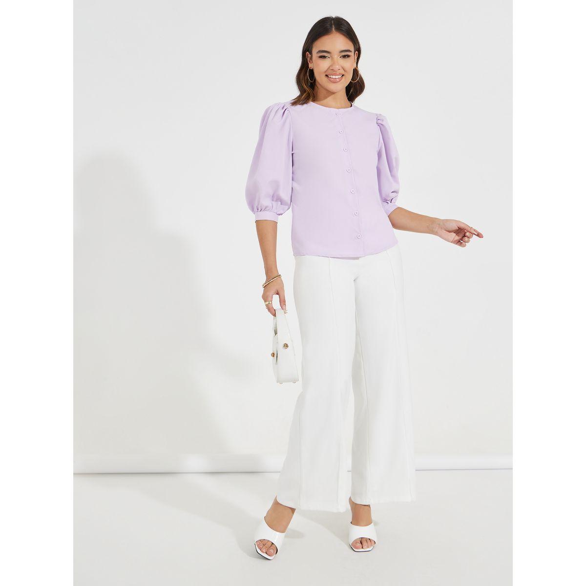 Styli Solid Button Down Blouse with Balloon Sleeves-women-clothing-shirtsandblouses-blouses-image-2