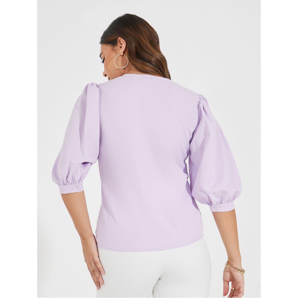 Styli Solid Button Down Blouse with Balloon Sleeves-women-clothing-shirtsandblouses-blouses-image-4