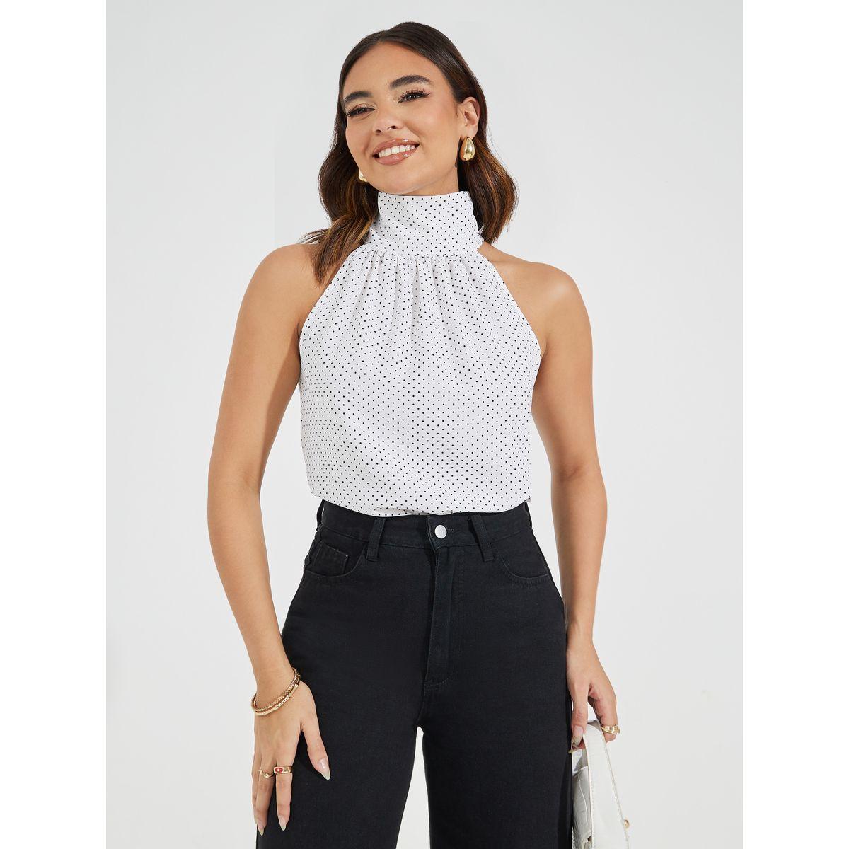 بلوزة مطبعة بنقاط بولكا وياقة هولتر-women-clothing-shirtsandblouses-blouses-image-1