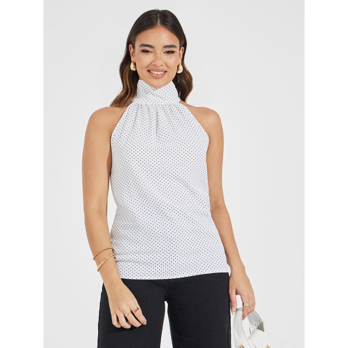 بلوزة مطبعة بنقاط بولكا وياقة هولتر-women-clothing-shirtsandblouses-blouses-image-3