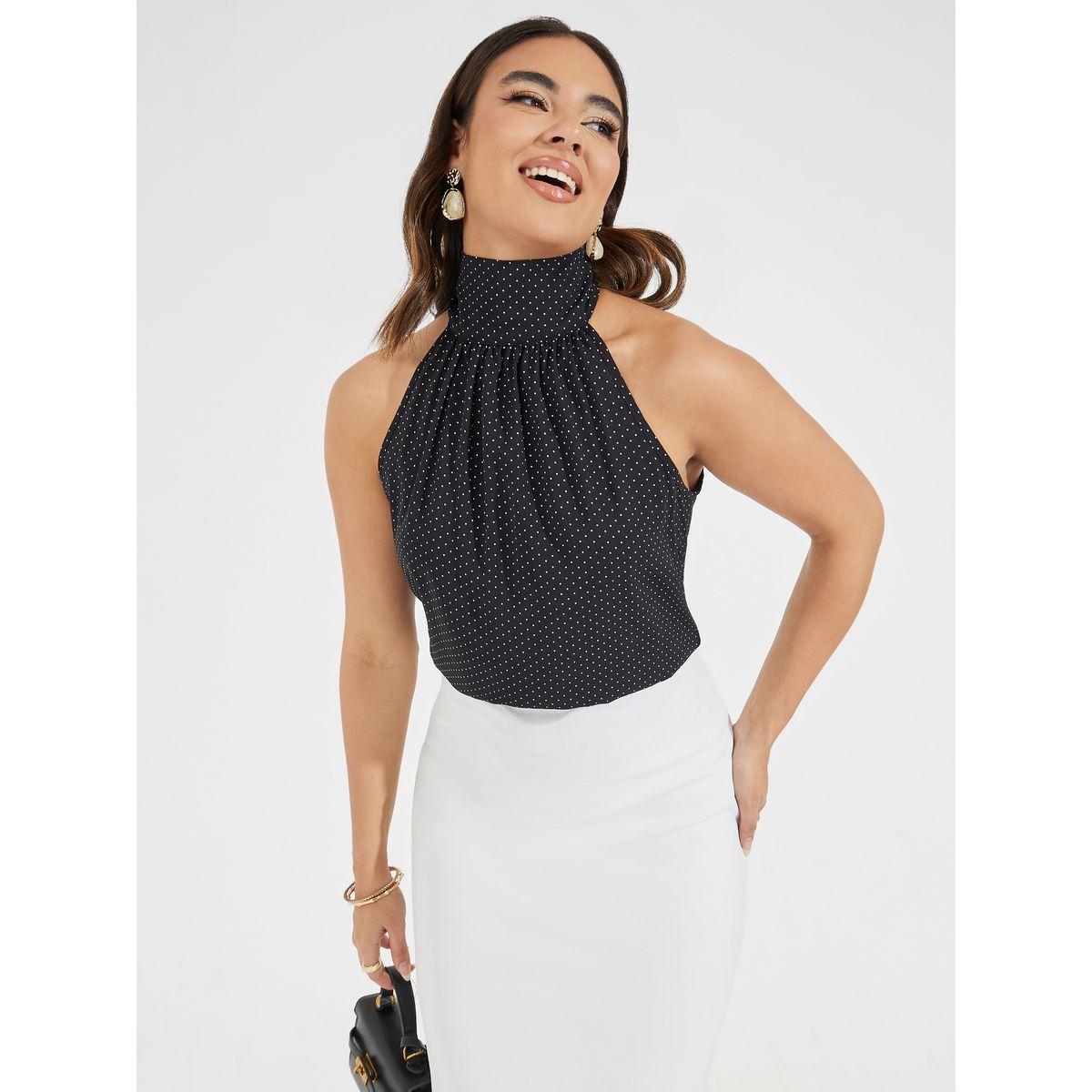Styli Polka Print Halter Neck Top with Bow Tie Detail-women-clothing-shirtsandblouses-blouses-image-1
