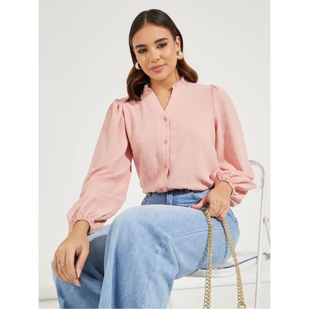Styli Dobby Style Notch Neck Blouse with Balloon Sleeves-women-clothing-shirtsandblouses-blouses-image-1