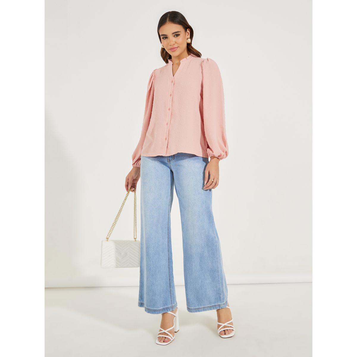 Styli Dobby Style Notch Neck Blouse with Balloon Sleeves-women-clothing-shirtsandblouses-blouses-image-2