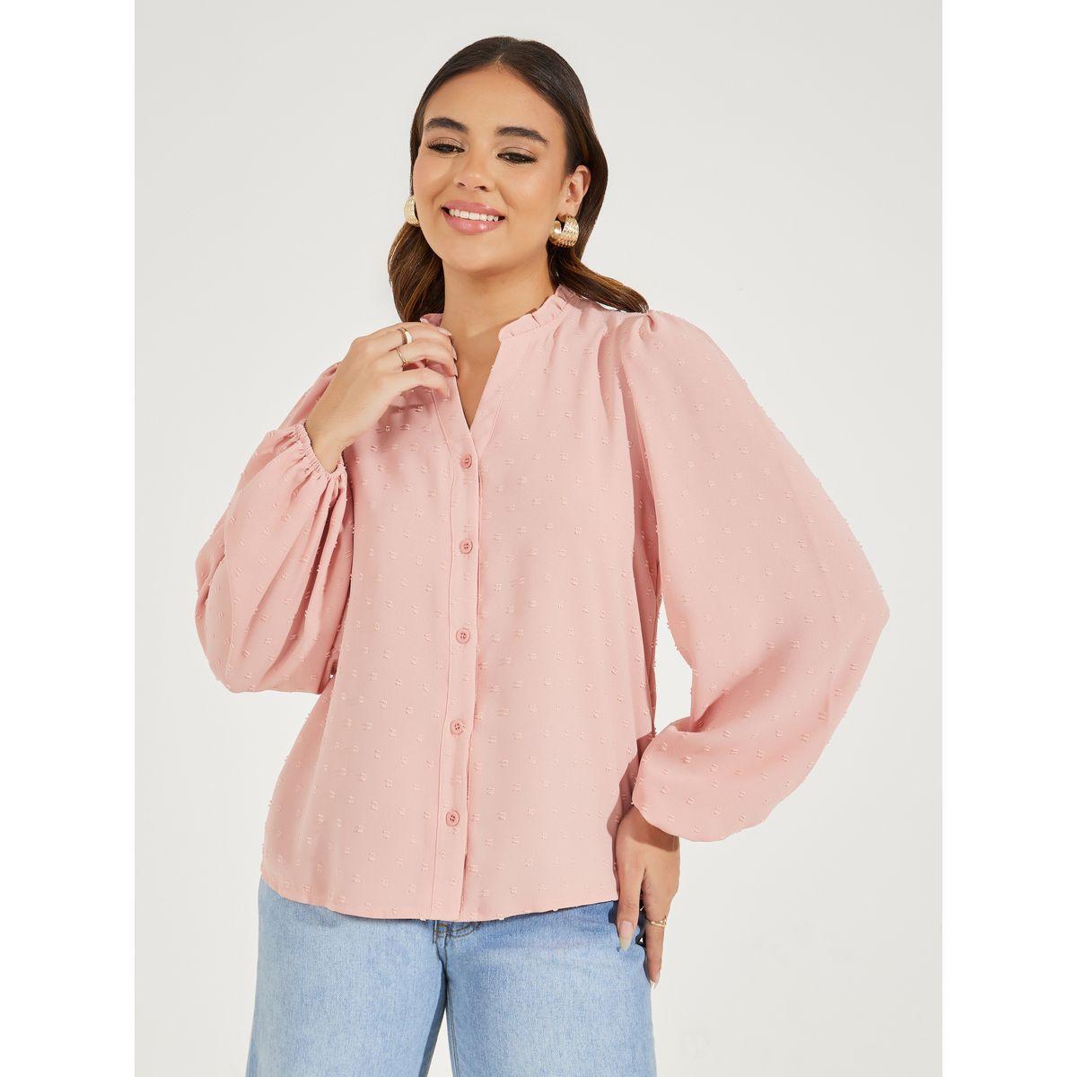 Styli Dobby Style Notch Neck Blouse with Balloon Sleeves-women-clothing-shirtsandblouses-blouses-image-3