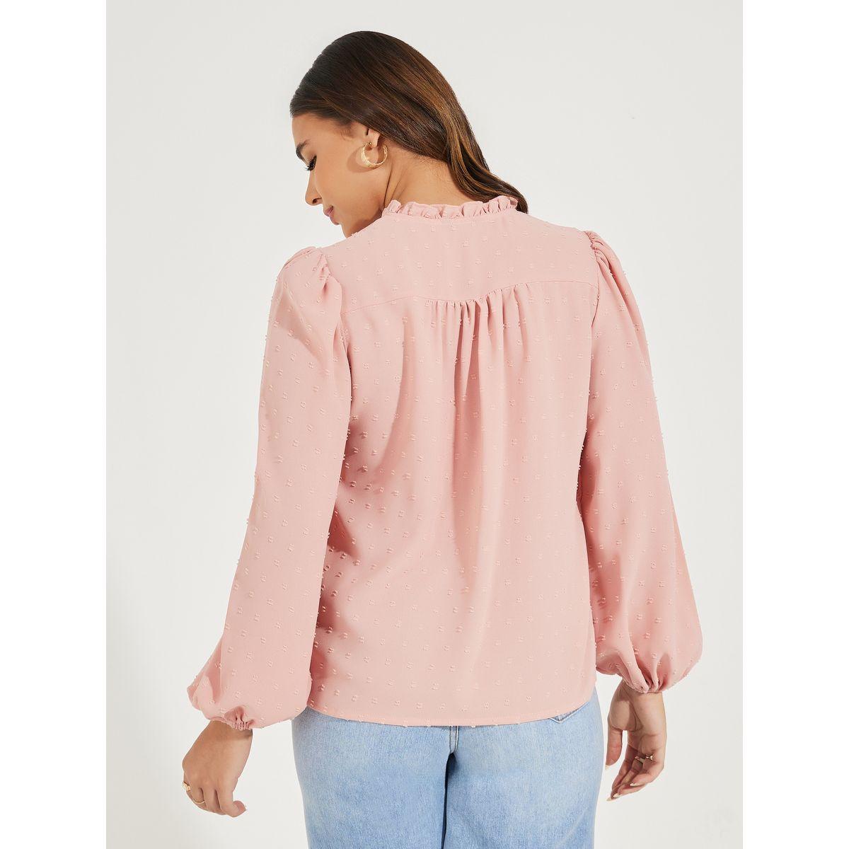 بلوزة بخيوط دوبي مع ياقة بشق واكمام بالون-women-clothing-shirtsandblouses-blouses-image-5