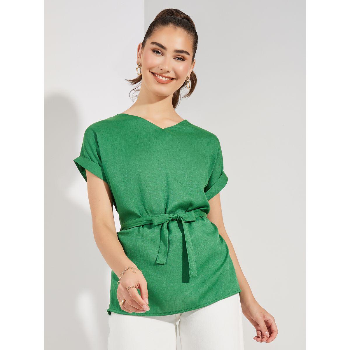 Styli Turn-Up Sleeves V Neck Blouse-women-clothing-shirtsandblouses-blouses-image-1
