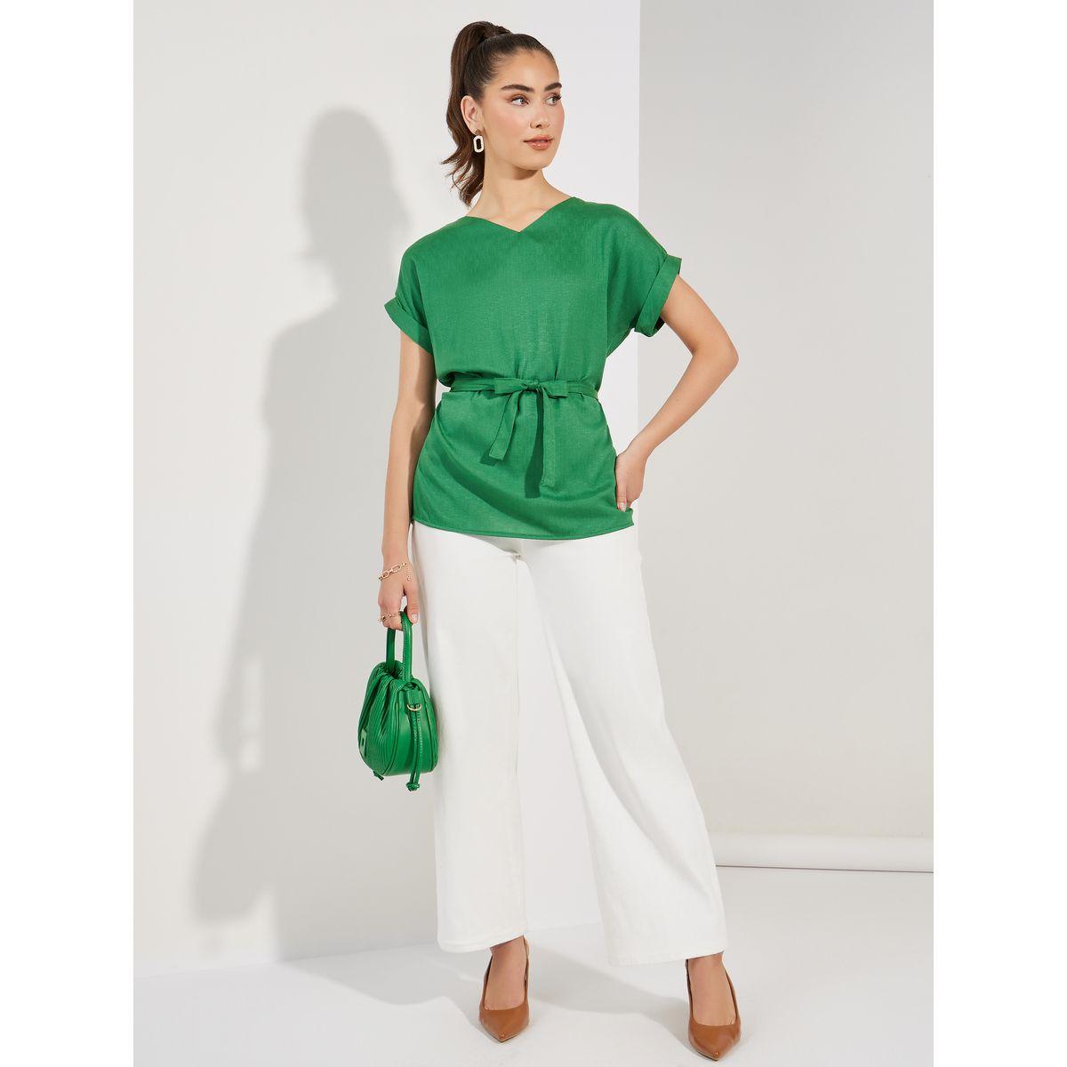 Styli Turn-Up Sleeves V Neck Blouse-women-clothing-shirtsandblouses-blouses-image-2