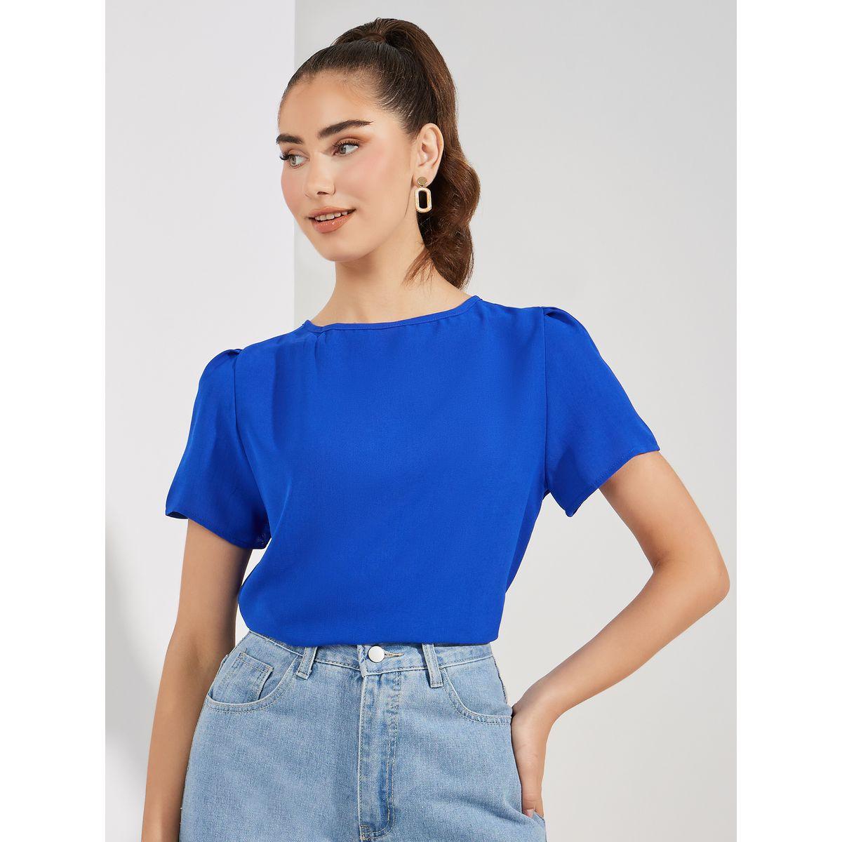 بلوزة سادة بقصة عادية واكمام منفوخة-women-clothing-shirtsandblouses-blouses-image-1
