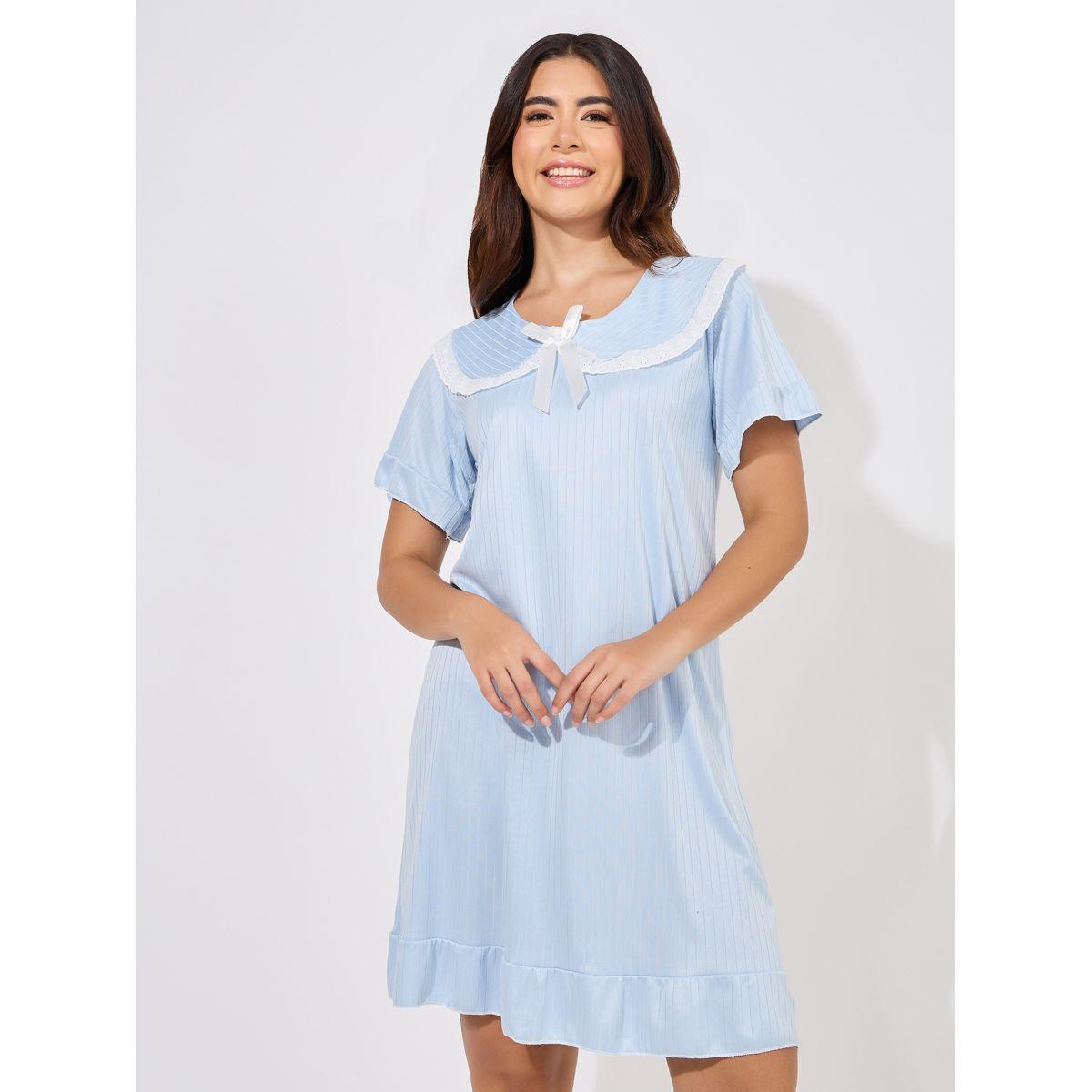 Take Two Lace Trim Bow Detail Collared Nightdress-women-clothing-nightwear-nighties-image-1