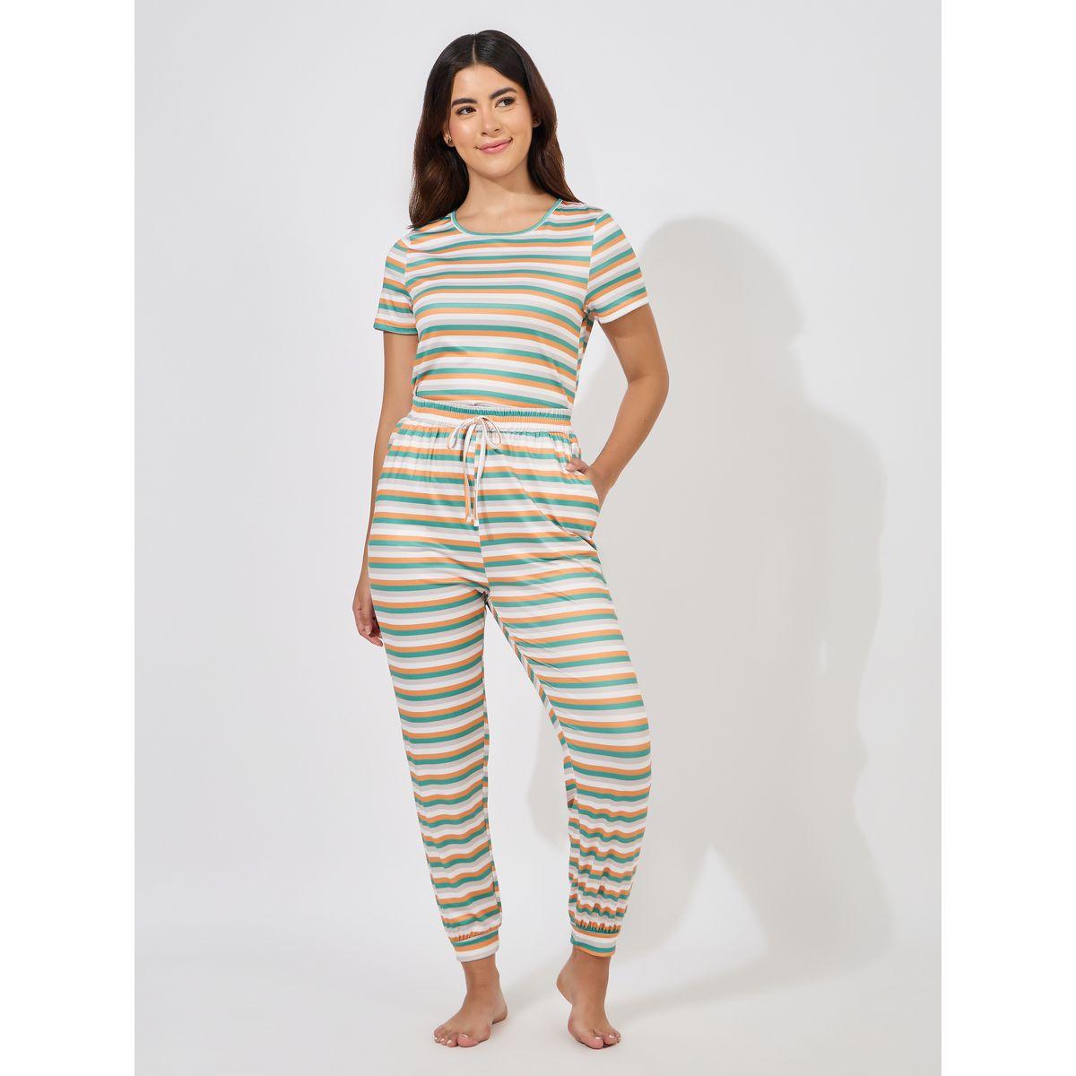 طقم من بنطال بيجاما مع تيشيرت بطبعة مخططة-women-clothing-nightwear-pyjamas-longsets-image-1