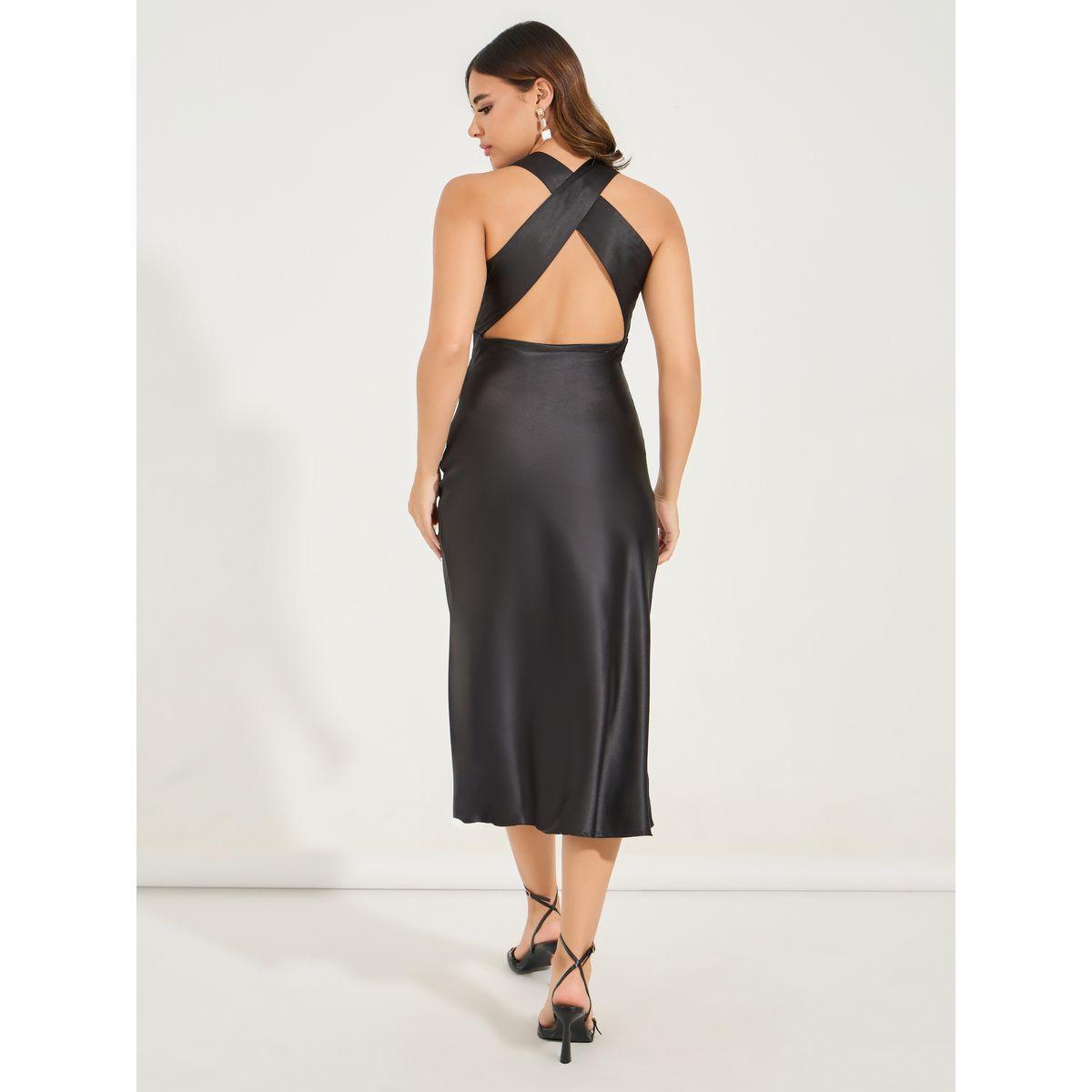 Styli Solid Sleeveless A-Line Midi Dress with Cross Back Detail-women-clothing-dresses-image-6