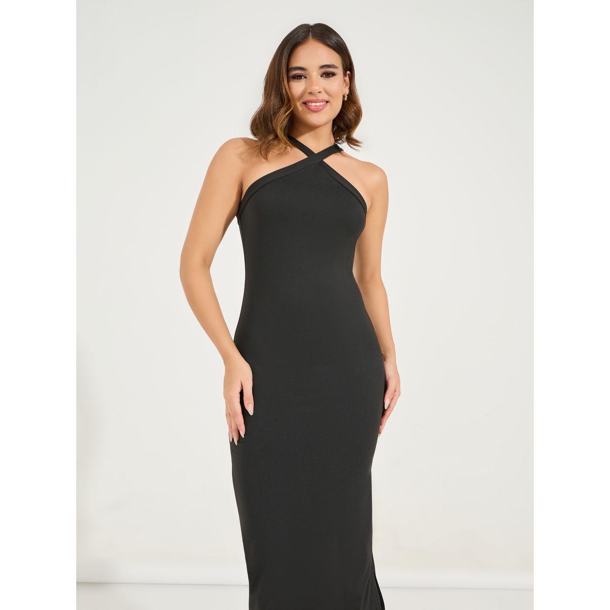 فستان ميدي بديكون بياقة هولتر وشق جانبي-women-clothing-dresses-image-2