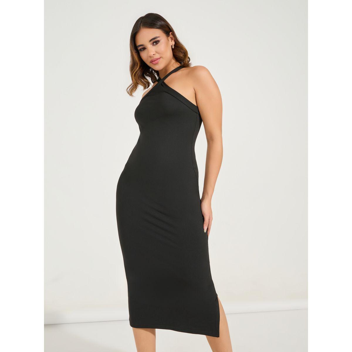 فستان ميدي بديكون بياقة هولتر وشق جانبي-women-clothing-dresses-image-5