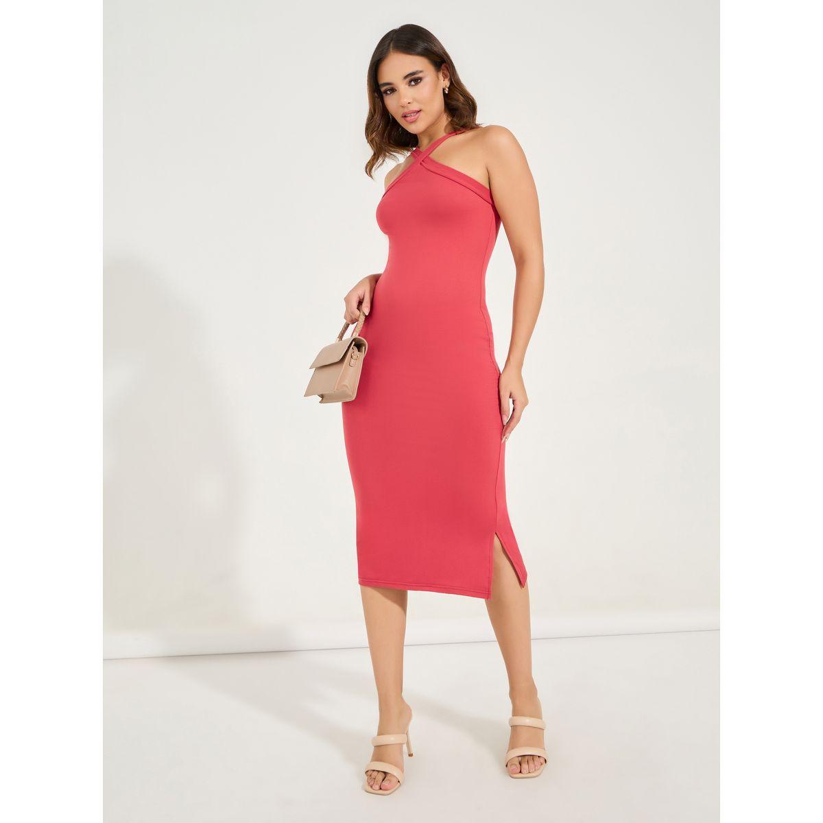 Styli Plain Halter Neck Bodycon Midi Dress with Side Slit-women-clothing-dresses-image-1