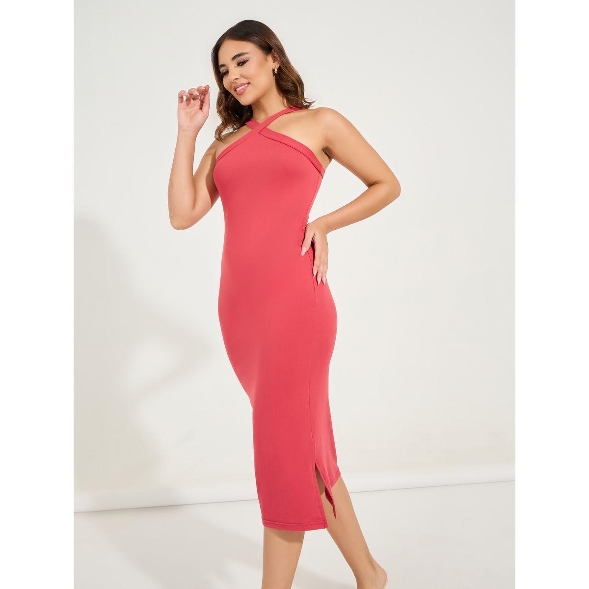 Styli Plain Halter Neck Bodycon Midi Dress with Side Slit-women-clothing-dresses-image-5