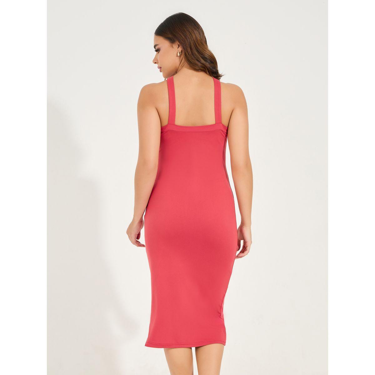Styli Plain Halter Neck Bodycon Midi Dress with Side Slit-women-clothing-dresses-image-7