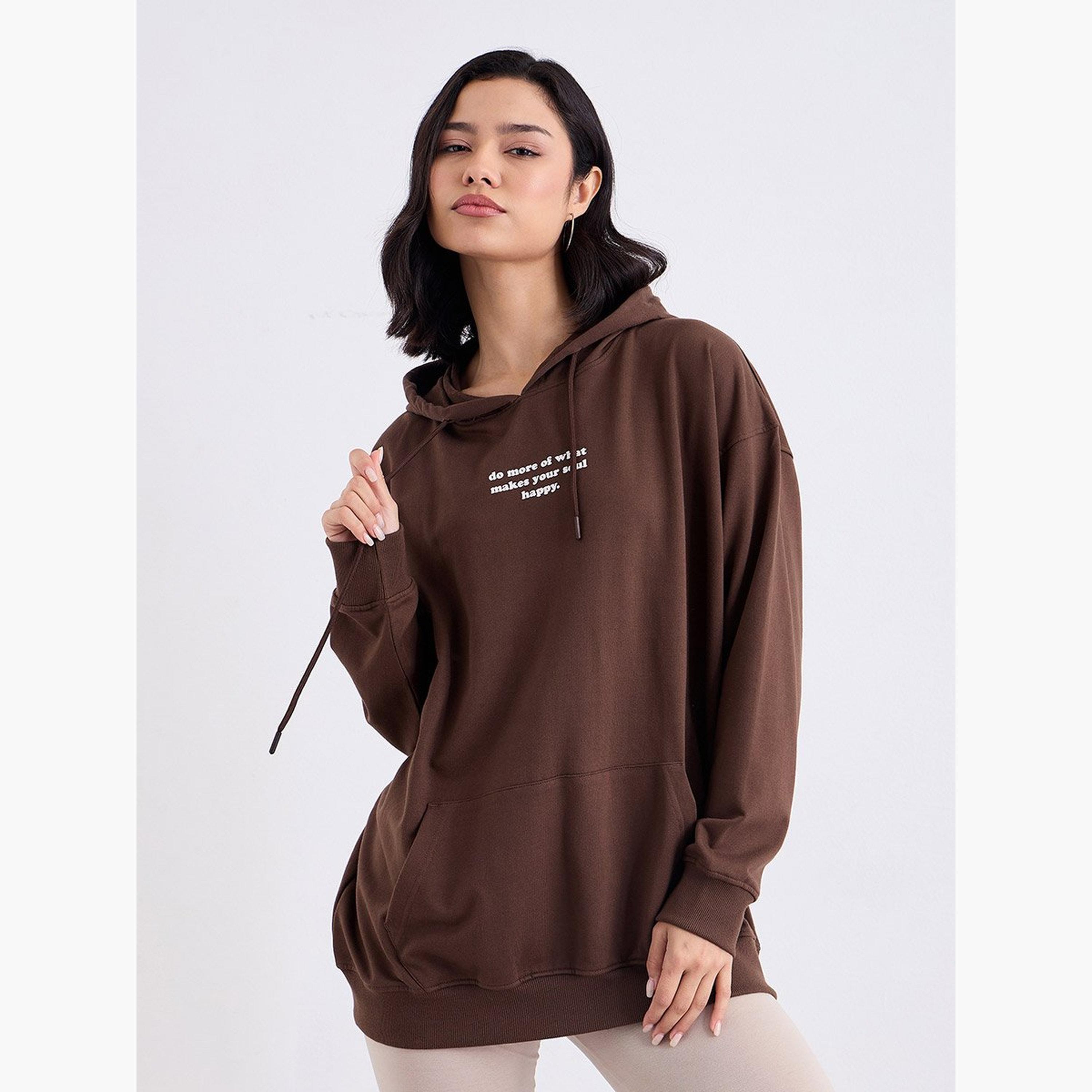 ستايلي - هودي بطبعة شعار طويل مقاس كبير-women-clothing-hoodiesandsweatshirts-hoodies-image-1