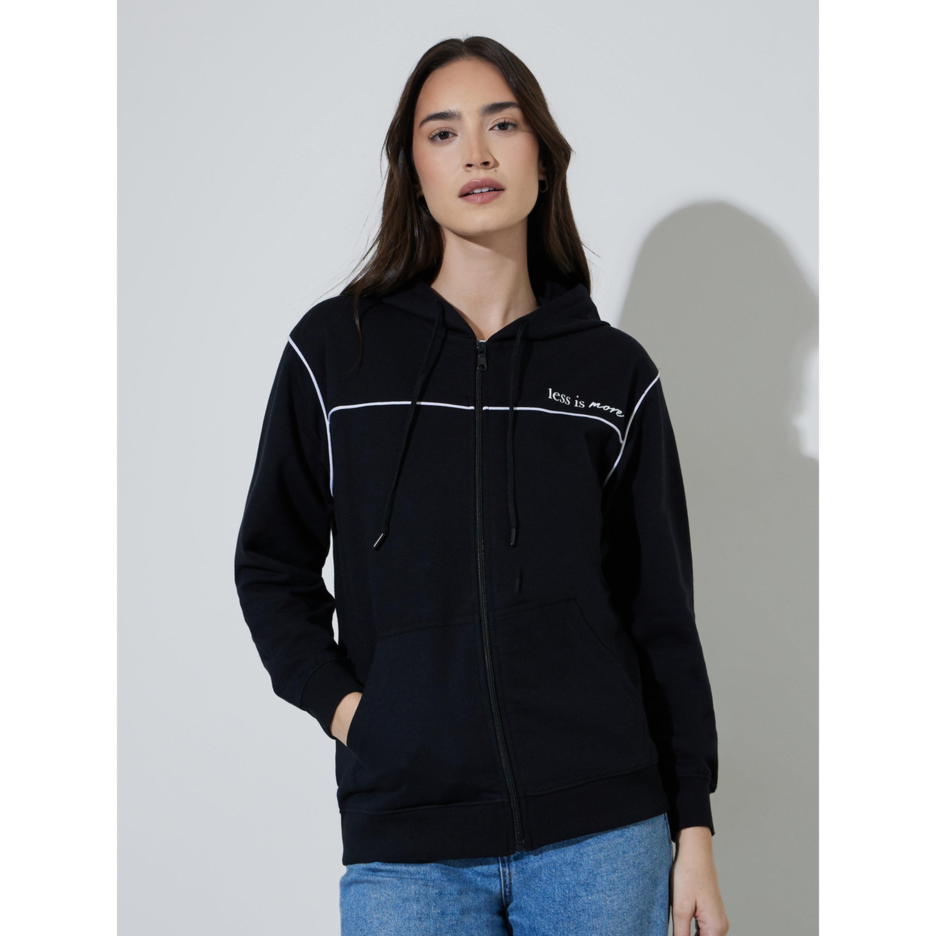 Styli Black Regular Fit Longline Hoodie with Piping Detail-women-clothing-hoodiesandsweatshirts-hoodies-image-1