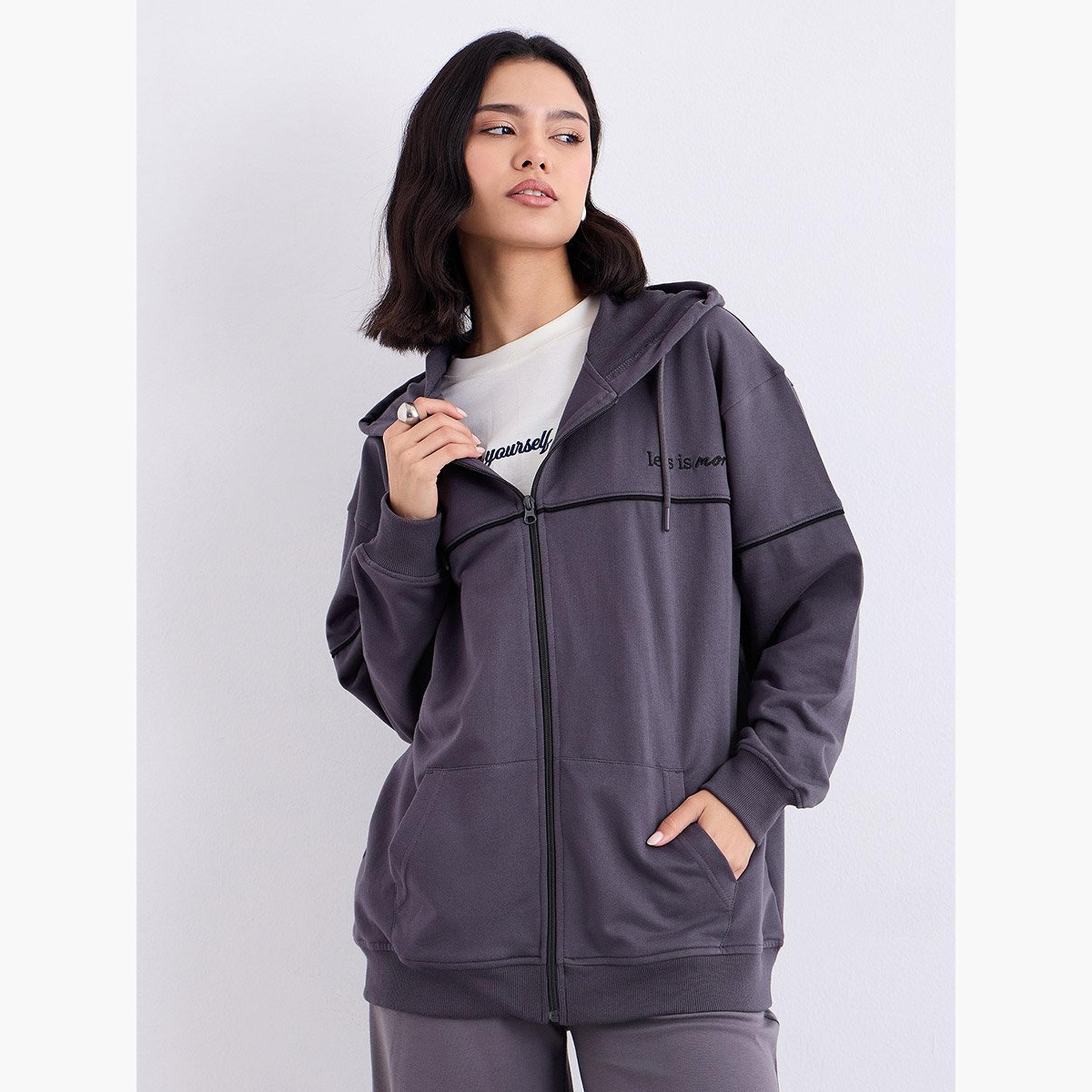 Styli Solid Hooded Neck Long Sleeves Women's Zip Through Hoodie-women-clothing-hoodiesandsweatshirts-hoodies-image-1
