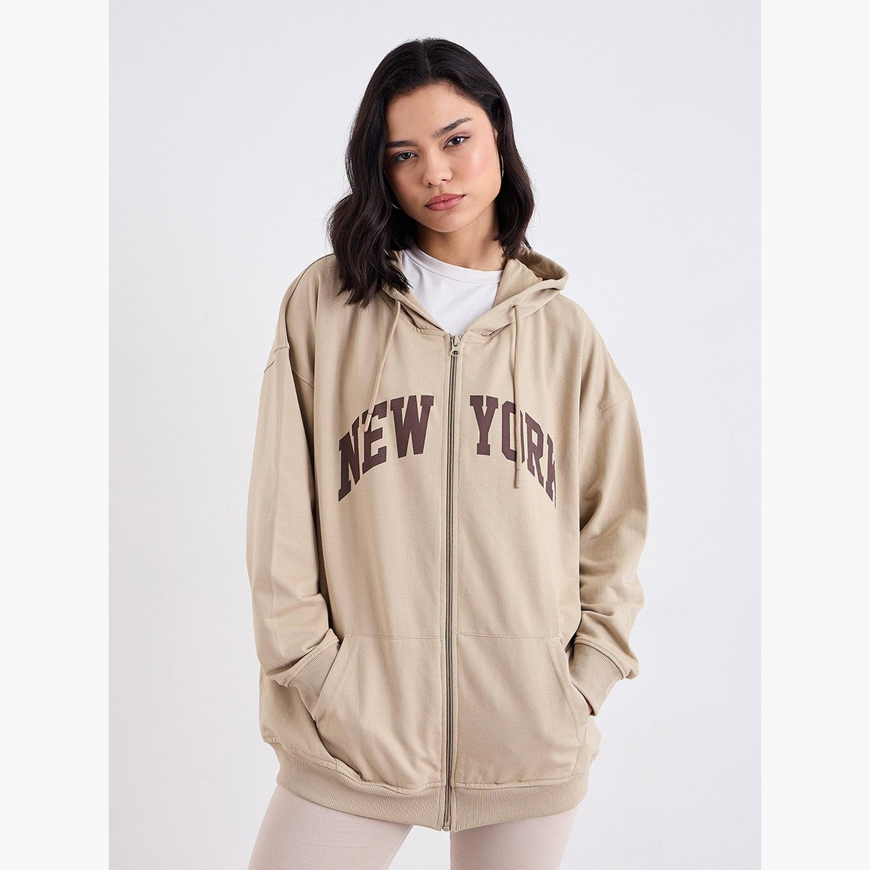 Styli New York Print Hooded Neck Long Sleeves Women's Zip Through Hoodie-women-clothing-hoodiesandsweatshirts-hoodies-image-1