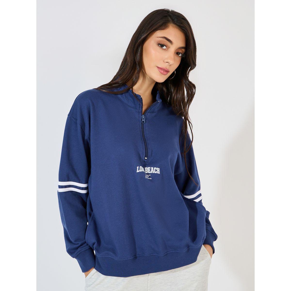 Styli Regular Fit Slogan Print Half Zip Sweatshirt-women-winterwear-hoodiesandsweatshirts-sweatshirts-image-1