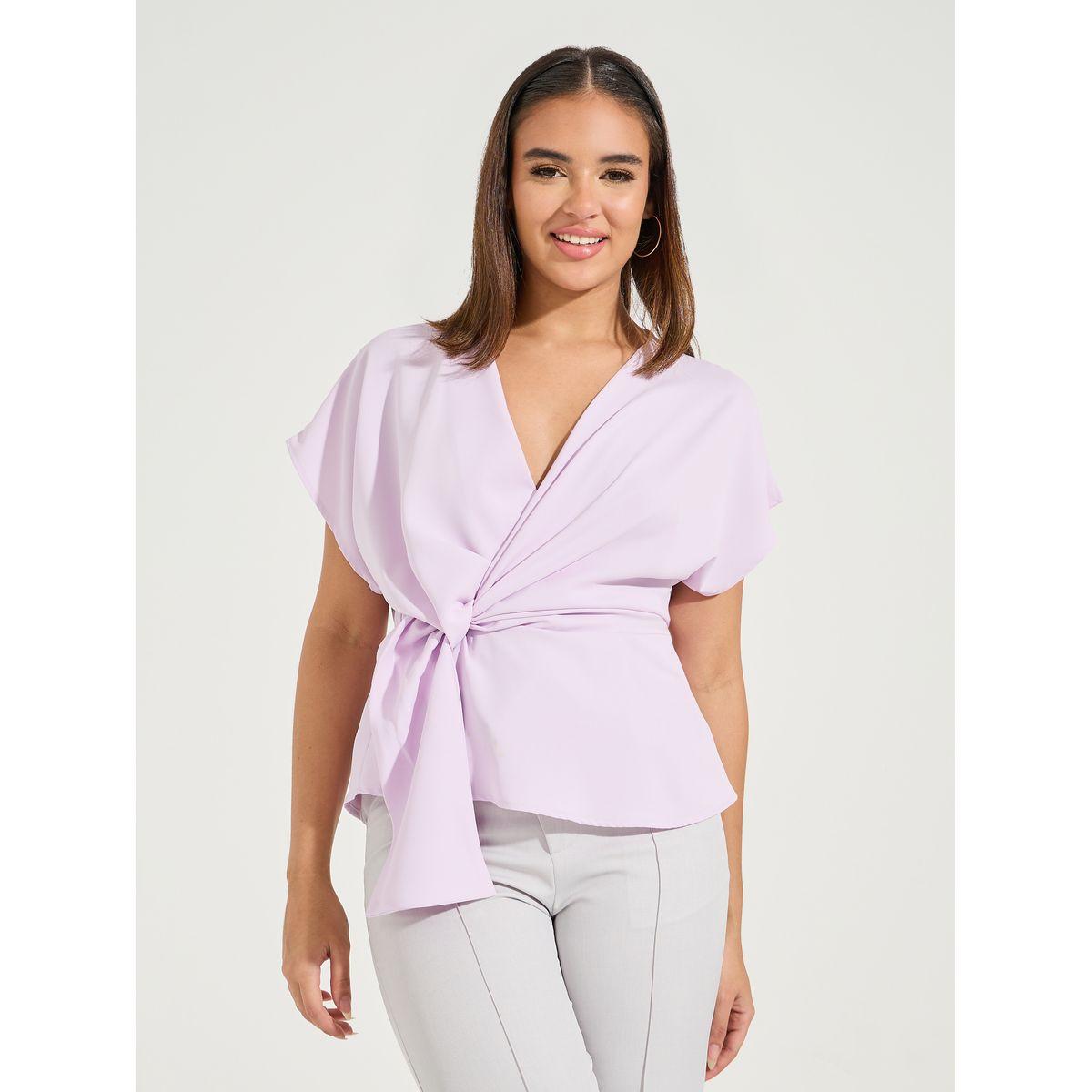 Styli Side Tie Mock Wrap Top with Extended Sleeves-women-clothing-shirtsandblouses-blouses-image-1