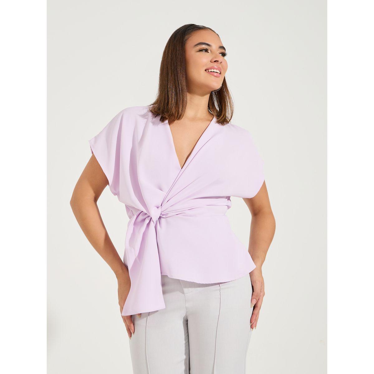 Styli Side Tie Mock Wrap Top with Extended Sleeves-women-clothing-shirtsandblouses-blouses-image-2