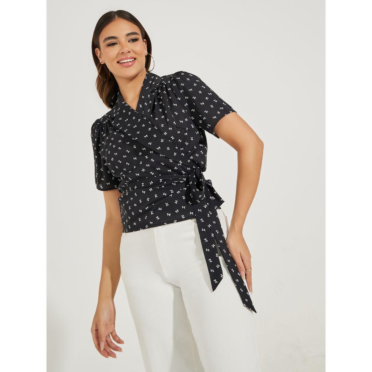 Styli Ribbon Ditsy Print Notch Collar Wrap Top-women-clothing-shirtsandblouses-blouses-image-1