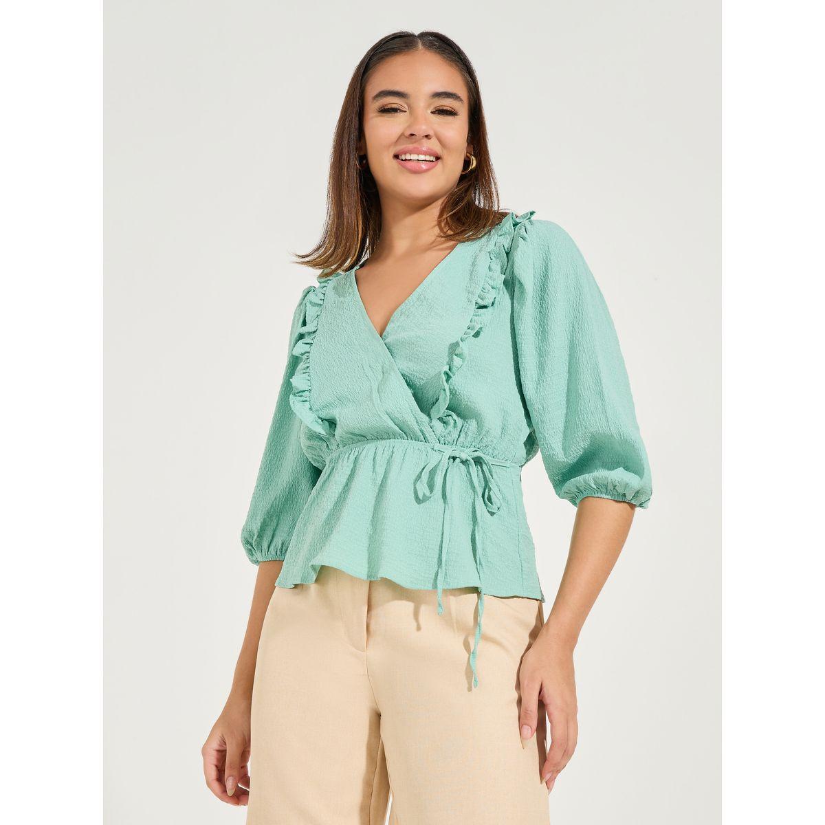 Styli Solid Textured Wrap Top with Ruffle & Tie Detail-women-clothing-shirtsandblouses-blouses-image-1