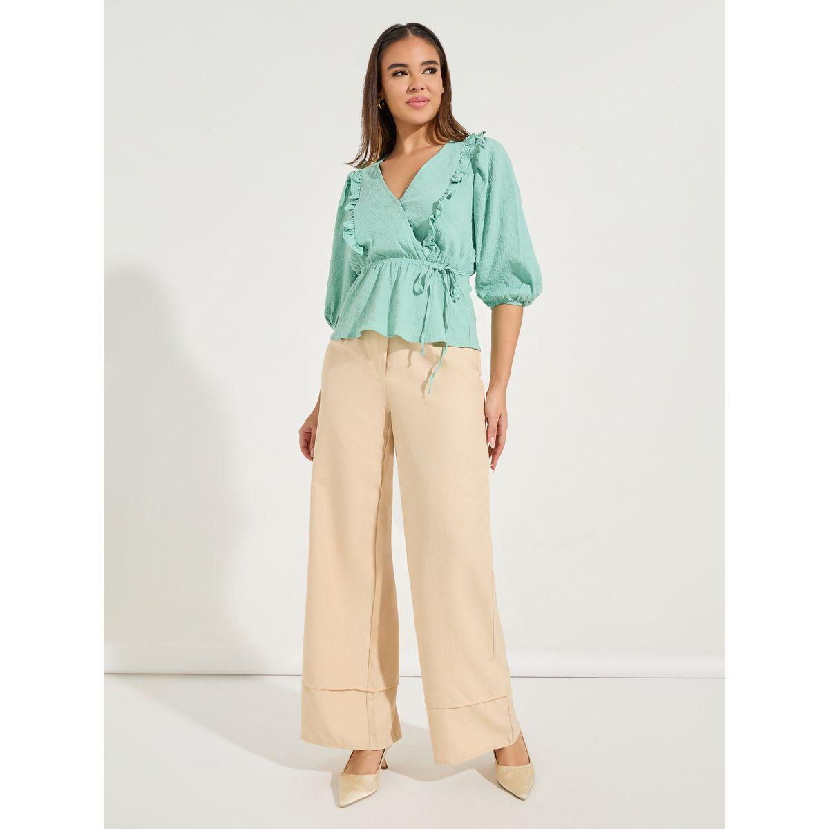 Styli Solid Textured Wrap Top with Ruffle & Tie Detail-women-clothing-shirtsandblouses-blouses-image-2