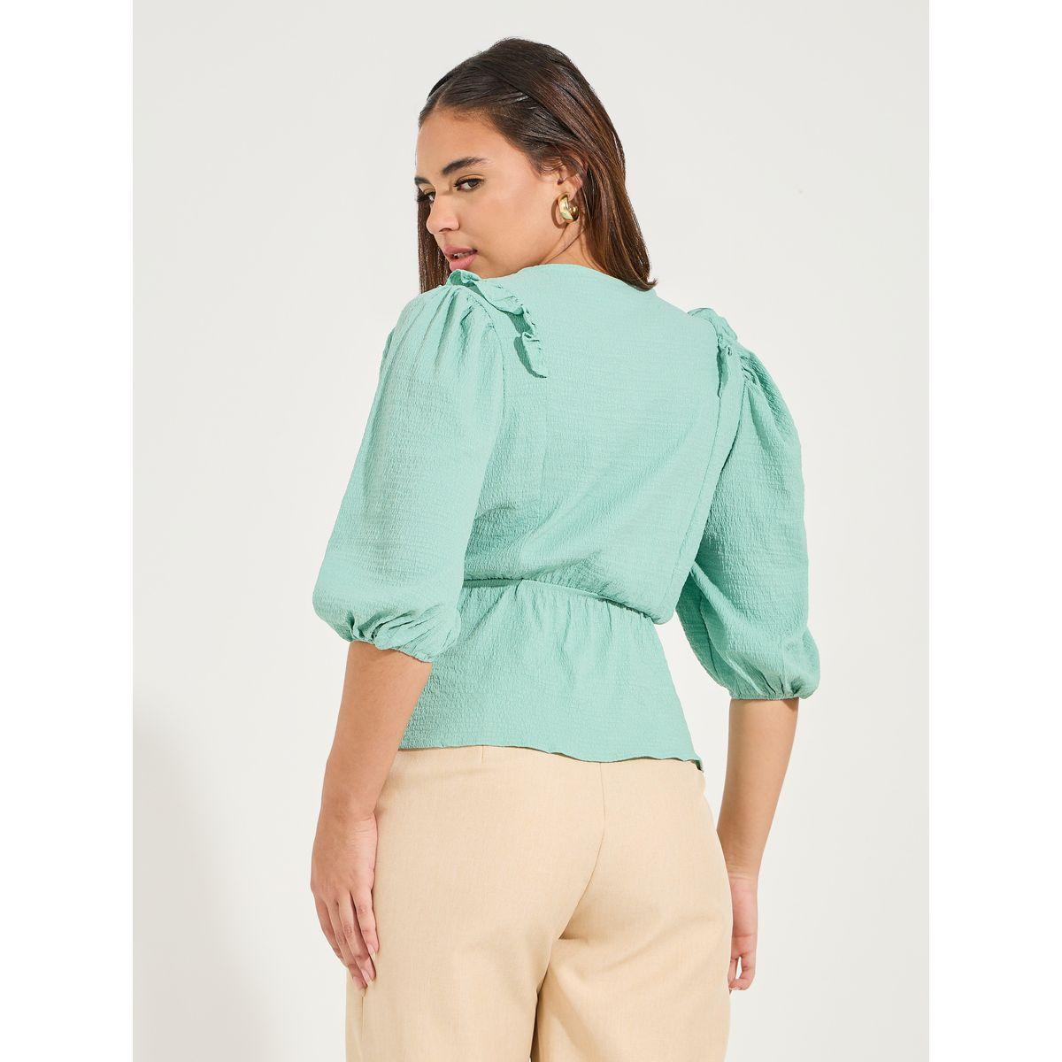 Styli Solid Textured Wrap Top with Ruffle & Tie Detail-women-clothing-shirtsandblouses-blouses-image-4
