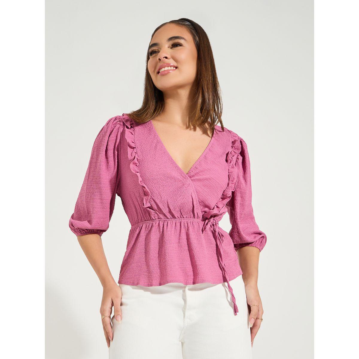 Styli Solid Textured Wrap Top with Ruffle & Tie Detail-women-clothing-shirtsandblouses-blouses-image-1