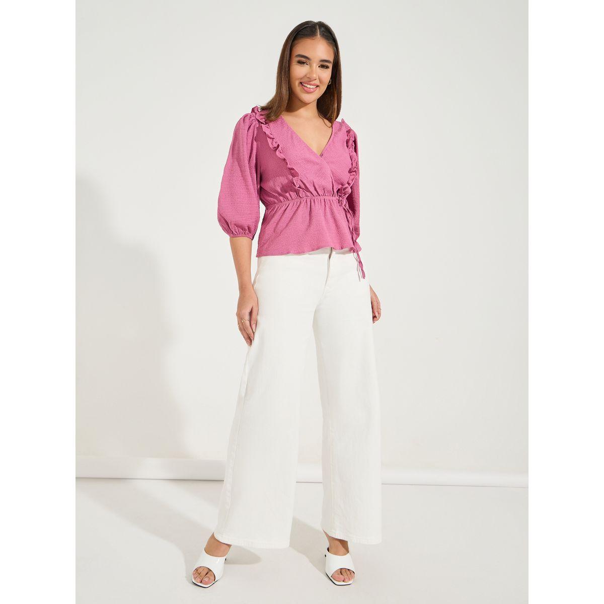 Styli Solid Textured Wrap Top with Ruffle & Tie Detail-women-clothing-shirtsandblouses-blouses-image-2
