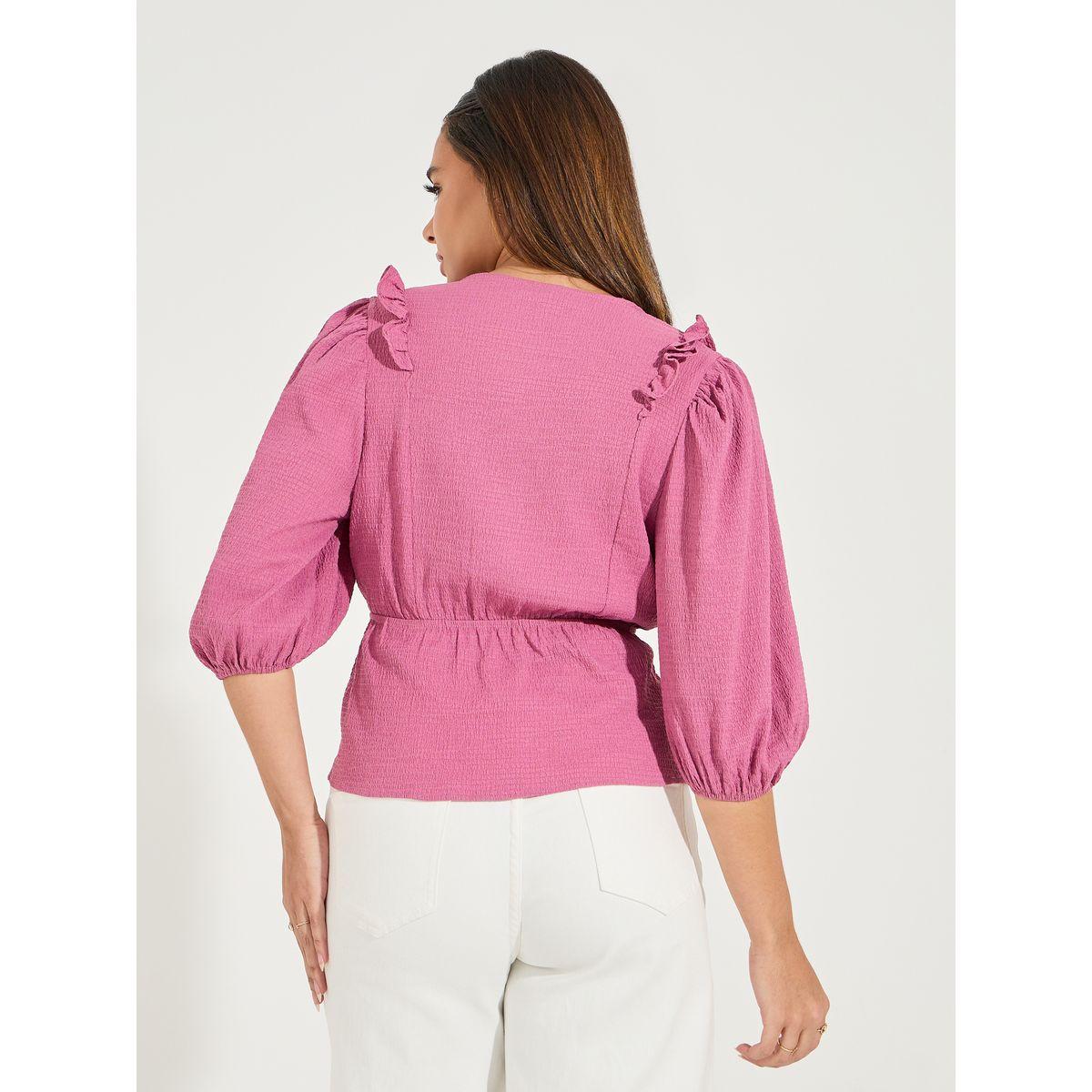 Styli Solid Textured Wrap Top with Ruffle & Tie Detail-women-clothing-shirtsandblouses-blouses-image-4
