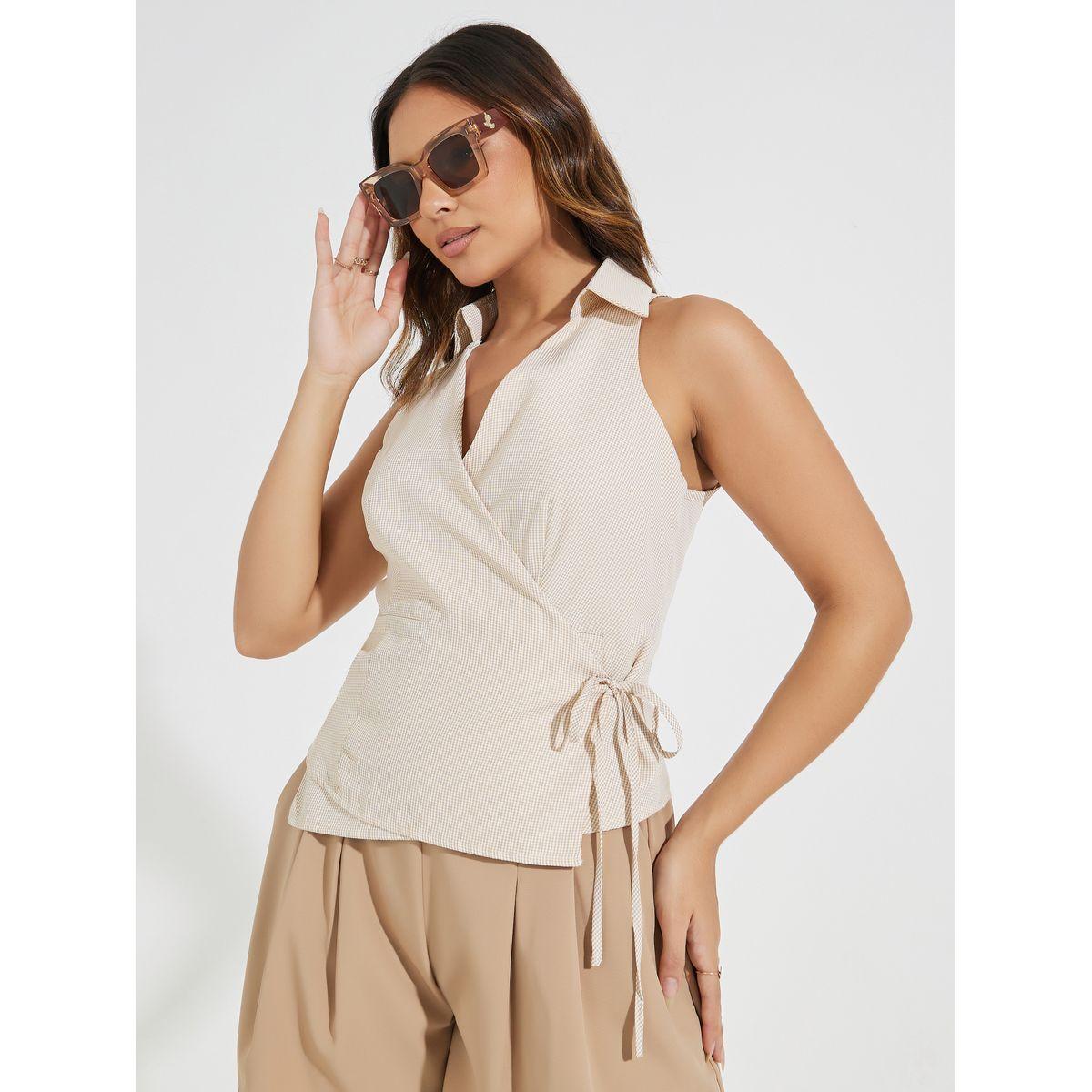 بلوزة بلا اكمام ونمط لف مع نمط مربعات-women-clothing-shirtsandblouses-blouses-image-1