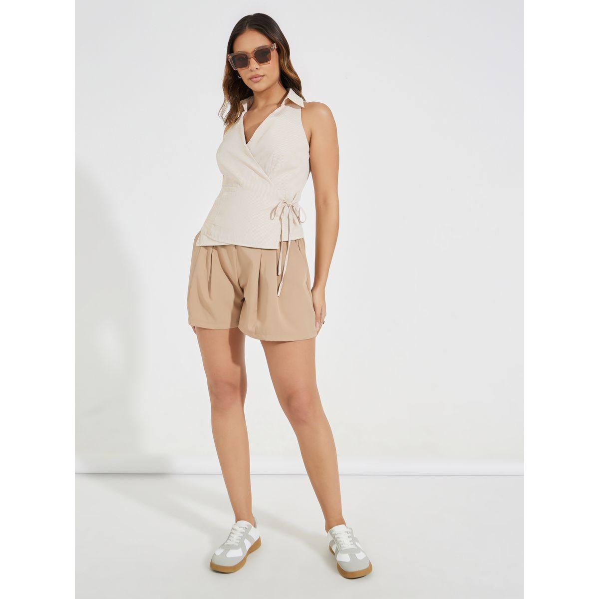 Styli Checked Sleeveless Wrap Top with Collar & Tie Detail-women-clothing-shirtsandblouses-blouses-image-2