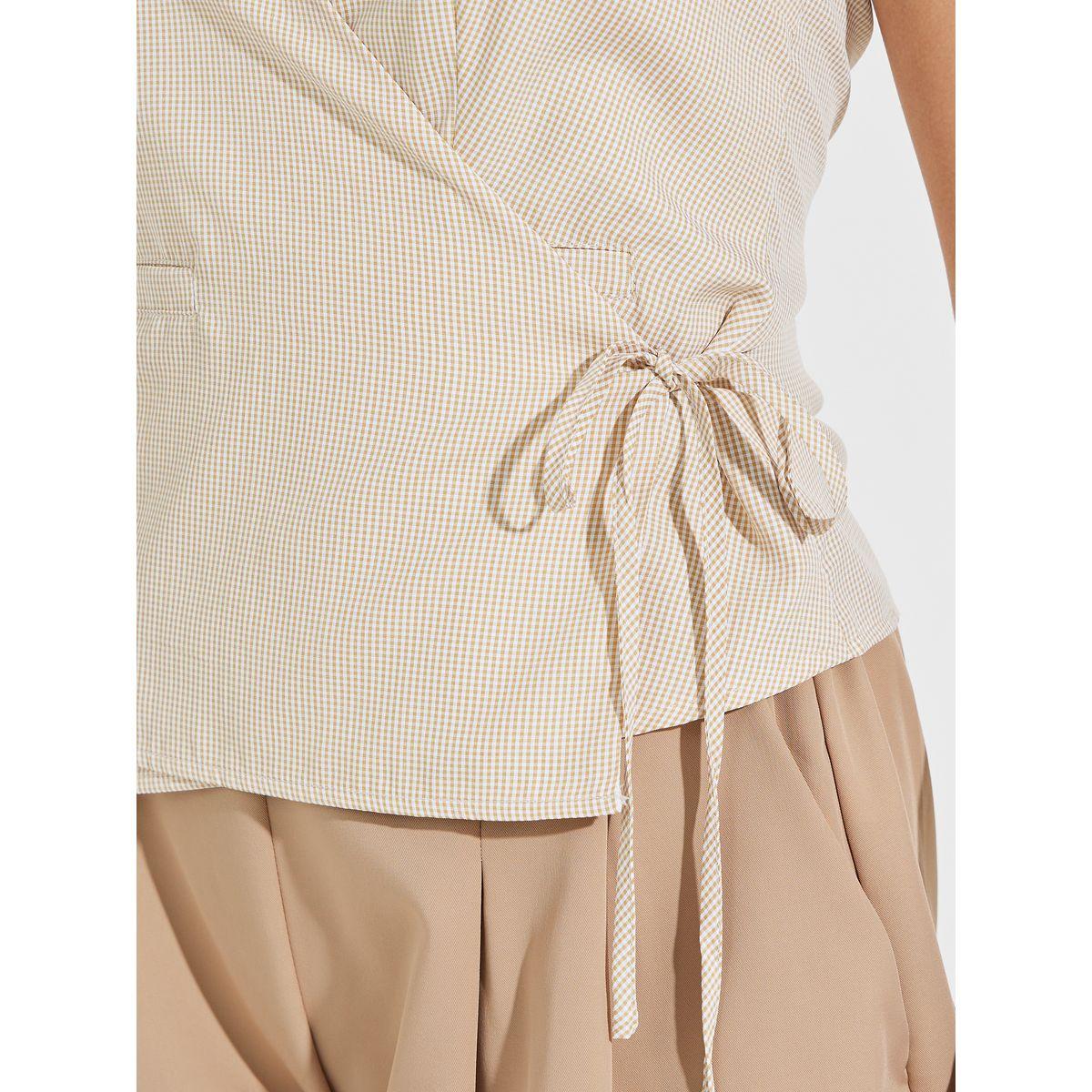 Styli Checked Sleeveless Wrap Top with Collar & Tie Detail-women-clothing-shirtsandblouses-blouses-image-3